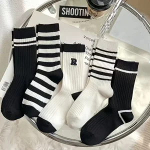 5 Pairs of Mixed Color Black and White Striped Socks, Casual Sports Tube Socks, Suitable for Wearing All Year Round