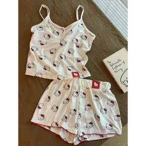 Sanrios Kawaii Pajamas Hello Kittys Summer Sweet Camisole Shorts Casual Comfortable Loose Thin Fashion Breathable Home Wear