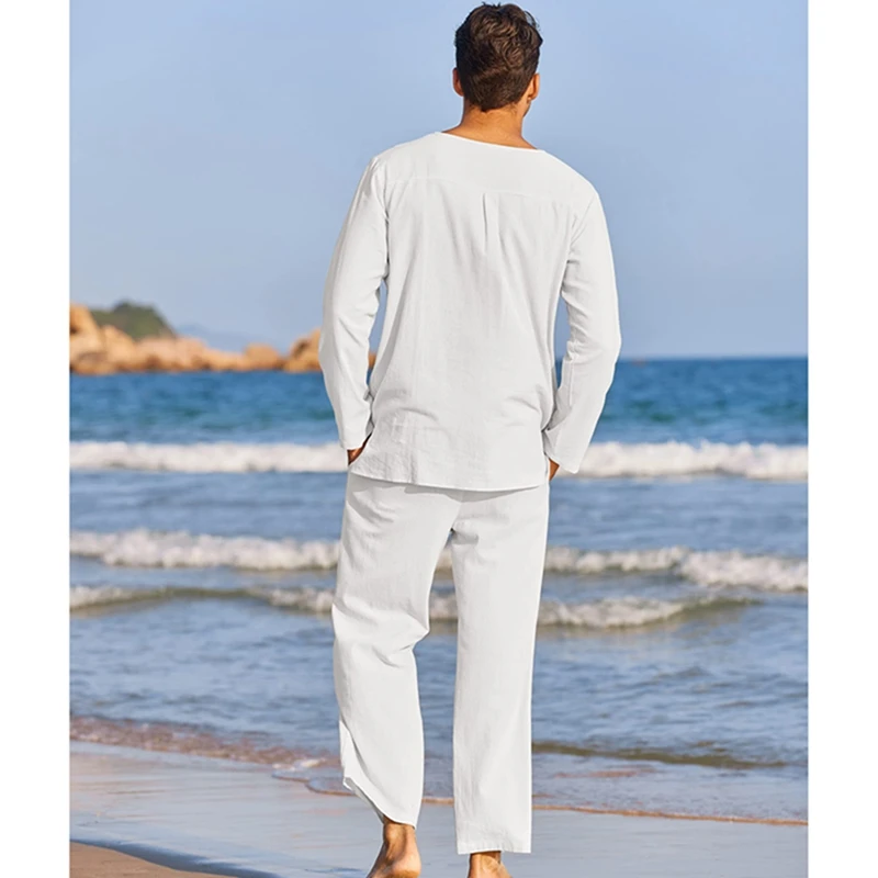 Men s Summer Cotton Linen Clothes Solid Color Long Sleeve Henley Shirt Elastic Waist Drawstring Pants 2 Pieces Loungewear Set - Image 2