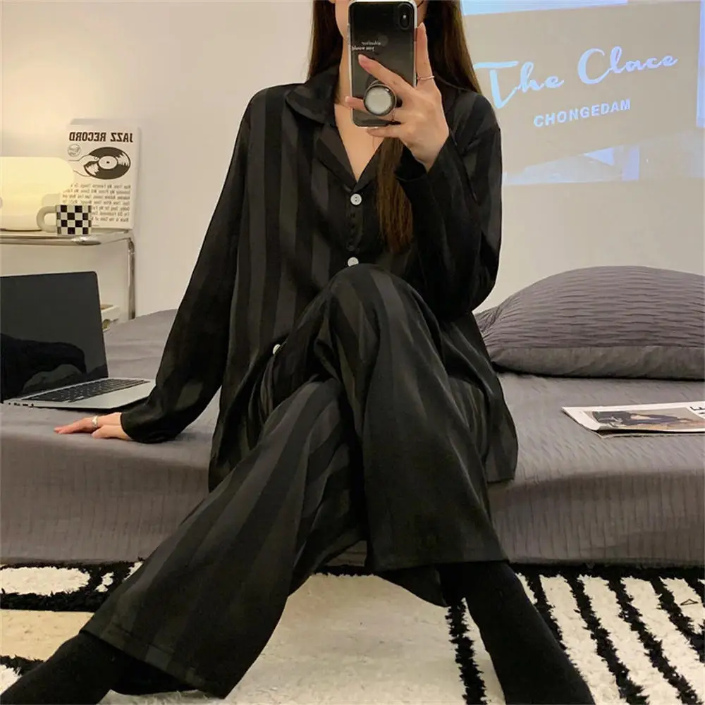 Women's Summer Striped Pajama Set Long Sleeve Top Trousers Silk Satin Home Suit Spring Loose Casual Sleepwear Female Nightwear - Image 7