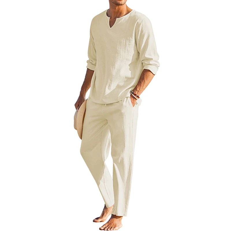 Men s Summer Cotton Linen Clothes Solid Color Long Sleeve Henley Shirt Elastic Waist Drawstring Pants 2 Pieces Loungewear Set - Image 8
