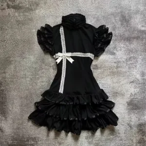 Japanese E-girl Gothic Vintage Dress Women Half High Neck Short Sleeve Bow Lace Mini Dress Cinch Waist Sweet Spicy Black Dress