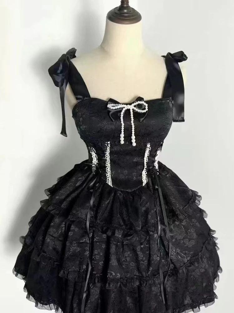 Japanese E-girl Gothic Vintage Dress Women Half High Neck Short Sleeve Bow Lace Mini Dress Cinch Waist Sweet Spicy Black Dress - Image 3