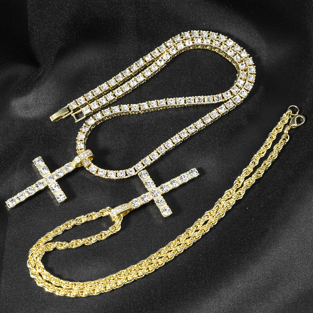 Hip Hop Iced Out Cross Pendant Necklace Strap 4mm Zircon Tennis Chain Men Women Sparkling Necklace Punk Jewelry Fashion Gift - Image 5