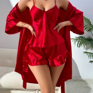 Autumn New Women's Silk Pajamas Sexy Fashion Pajamas Set And Simple Robe Three Piece Women's Loungewear