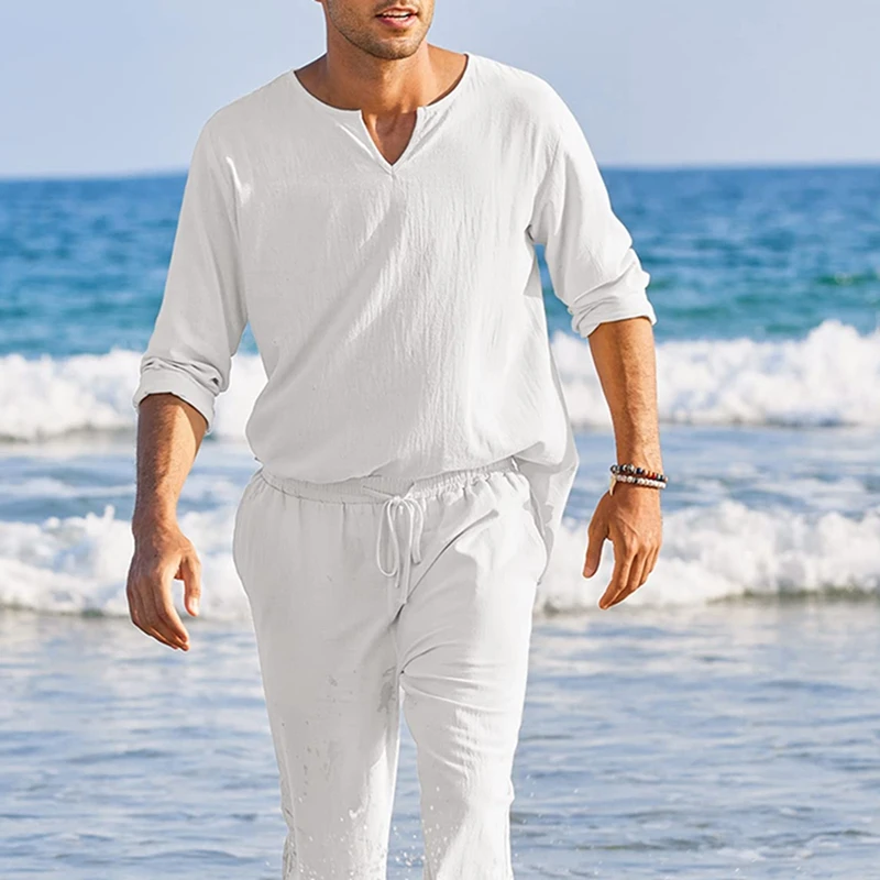 Men s Summer Cotton Linen Clothes Solid Color Long Sleeve Henley Shirt Elastic Waist Drawstring Pants 2 Pieces Loungewear Set - Image 3