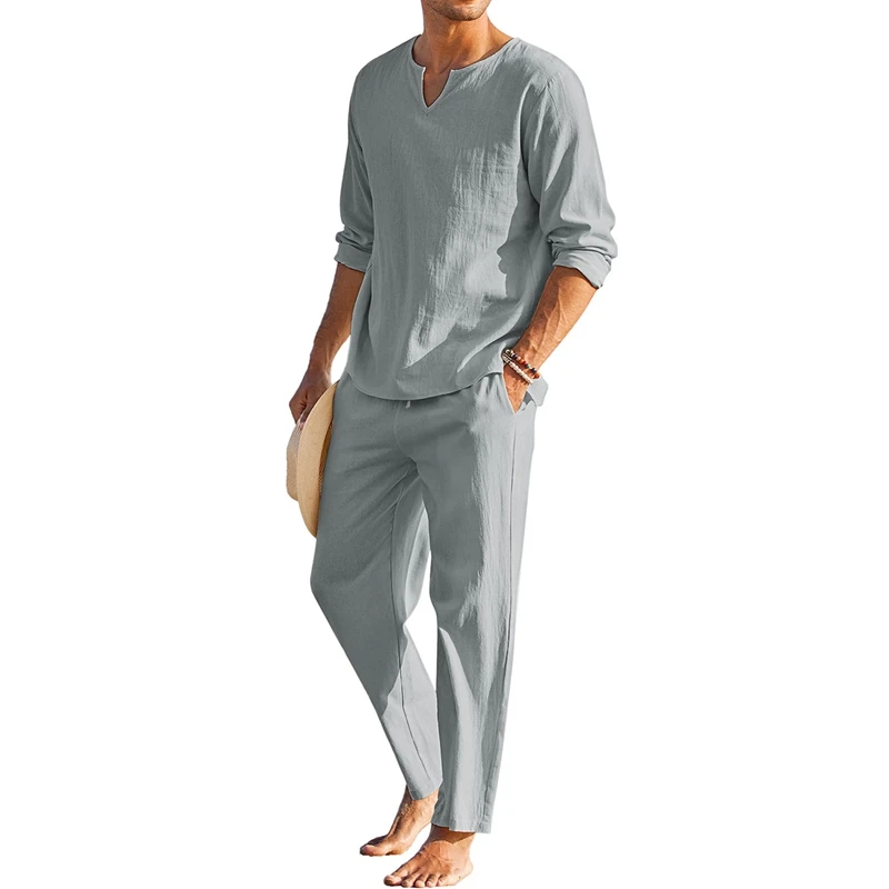 Men s Summer Cotton Linen Clothes Solid Color Long Sleeve Henley Shirt Elastic Waist Drawstring Pants 2 Pieces Loungewear Set - Image 10