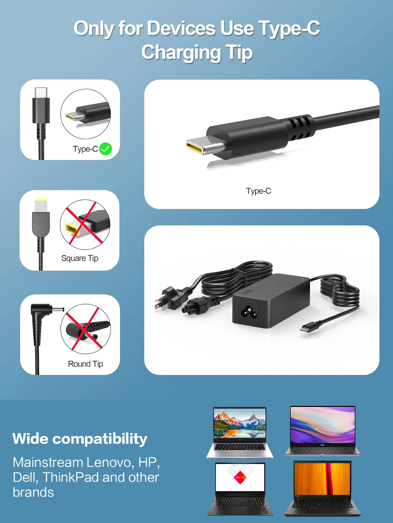 Reletech 65W USB C Laptop Charger Power Adapter for Lenovo ThinkPad,Hp,Chromebook,Yoga,Dell, ASUS,Acer Type C Fast Power Adapter - Image 3