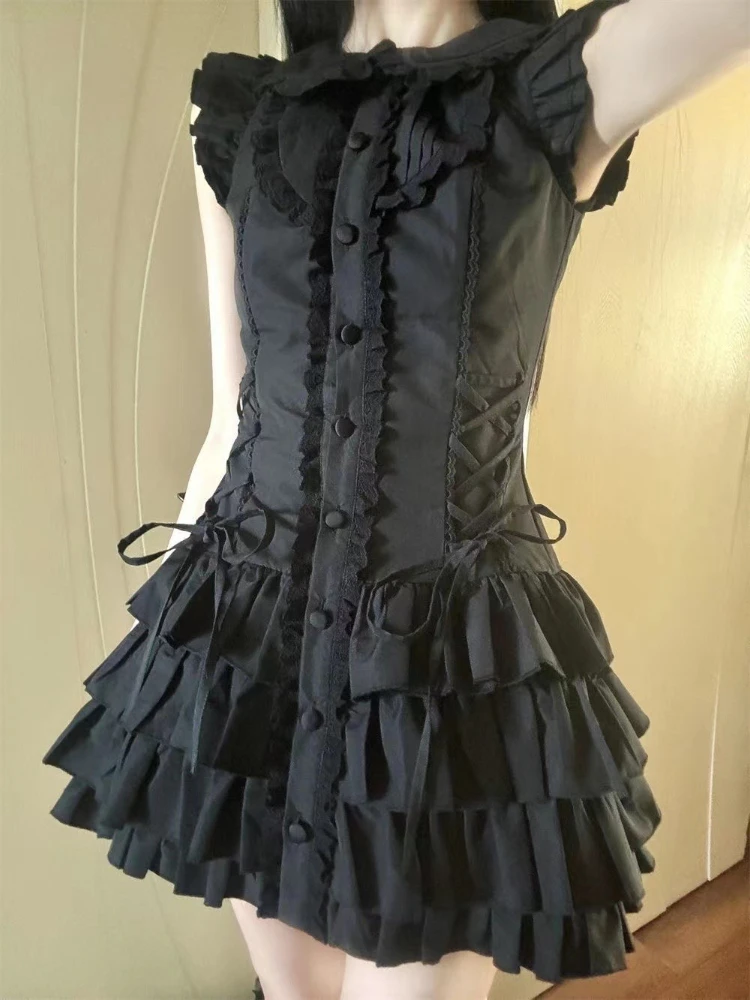 Japanese E-girl Gothic Vintage Dress Women Half High Neck Short Sleeve Bow Lace Mini Dress Cinch Waist Sweet Spicy Black Dress - Image 6