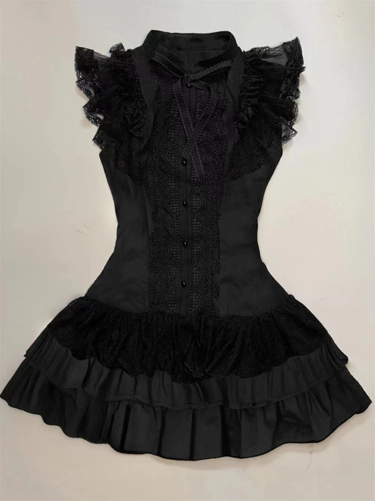 Japanese E-girl Gothic Vintage Dress Women Half High Neck Short Sleeve Bow Lace Mini Dress Cinch Waist Sweet Spicy Black Dress - Image 2
