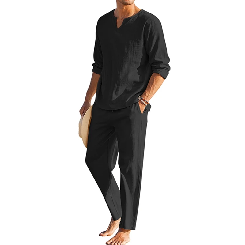 Men s Summer Cotton Linen Clothes Solid Color Long Sleeve Henley Shirt Elastic Waist Drawstring Pants 2 Pieces Loungewear Set - Image 9