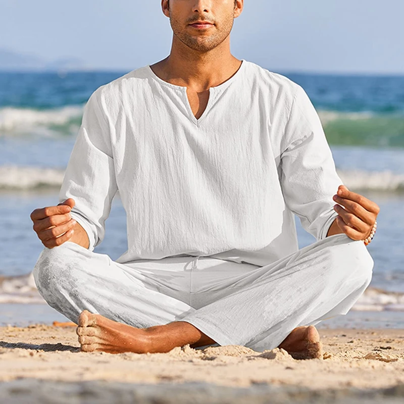 Men s Summer Cotton Linen Clothes Solid Color Long Sleeve Henley Shirt Elastic Waist Drawstring Pants 2 Pieces Loungewear Set - Image 4