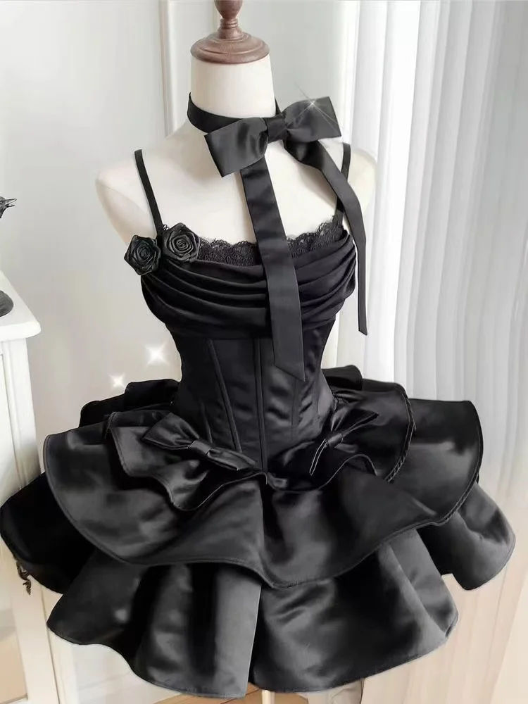 Japanese E-girl Gothic Vintage Dress Women Half High Neck Short Sleeve Bow Lace Mini Dress Cinch Waist Sweet Spicy Black Dress - Image 4