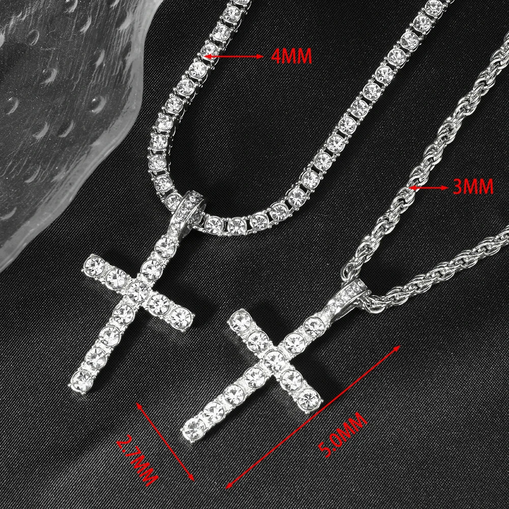 Hip Hop Iced Out Cross Pendant Necklace Strap 4mm Zircon Tennis Chain Men Women Sparkling Necklace Punk Jewelry Fashion Gift - Image 3