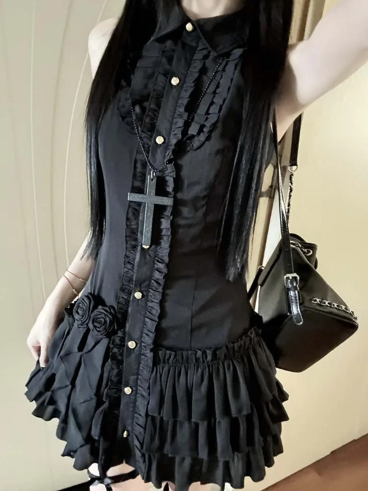 Japanese E-girl Gothic Vintage Dress Women Half High Neck Short Sleeve Bow Lace Mini Dress Cinch Waist Sweet Spicy Black Dress - Image 8