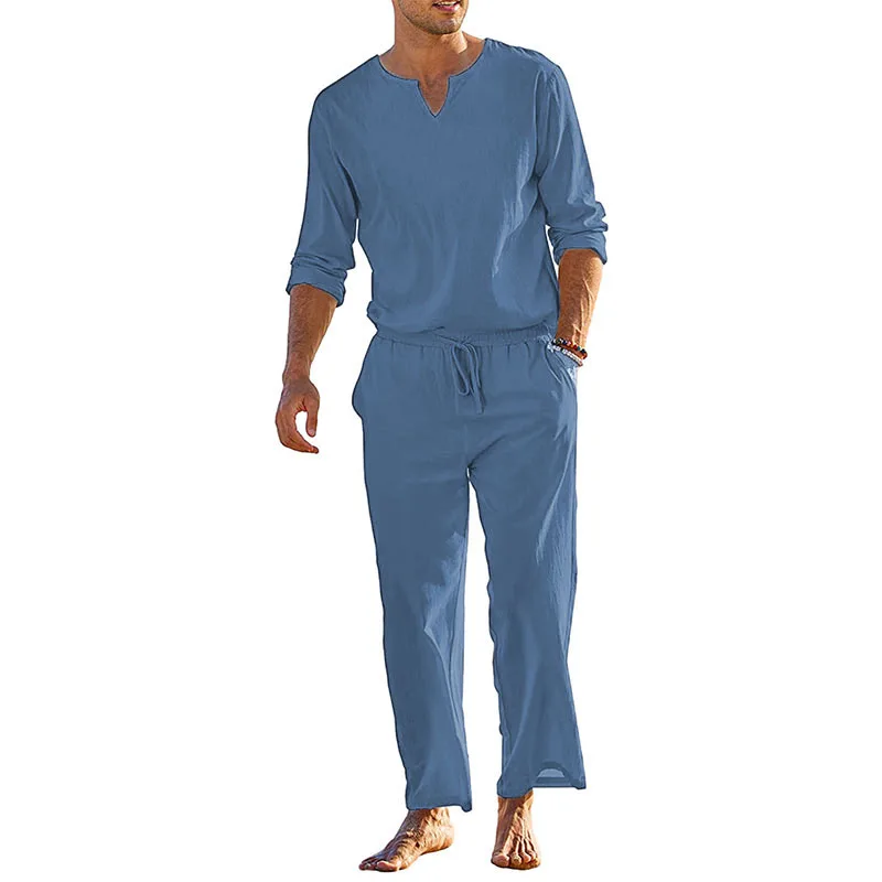 Men s Summer Cotton Linen Clothes Solid Color Long Sleeve Henley Shirt Elastic Waist Drawstring Pants 2 Pieces Loungewear Set - Image 6