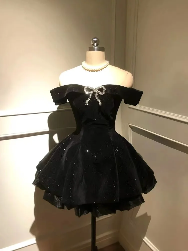 Japanese E-girl Gothic Vintage Dress Women Half High Neck Short Sleeve Bow Lace Mini Dress Cinch Waist Sweet Spicy Black Dress - Image 5