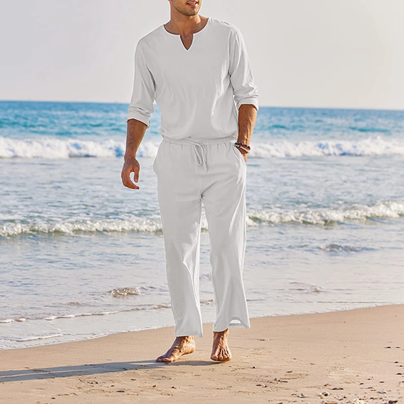 Men s Summer Cotton Linen Clothes Solid Color Long Sleeve Henley Shirt Elastic Waist Drawstring Pants 2 Pieces Loungewear Set - Image 5