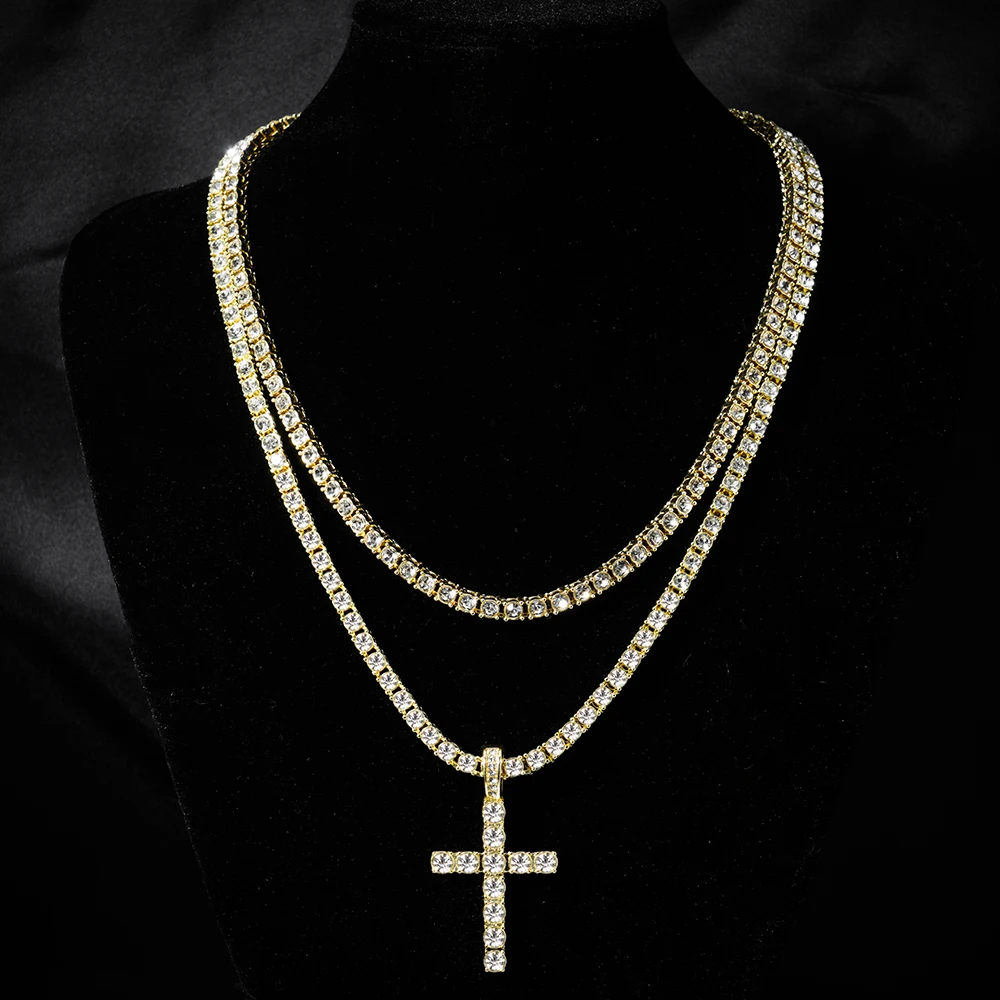 Hip Hop Iced Out Cross Pendant Necklace Strap 4mm Zircon Tennis Chain Men Women Sparkling Necklace Punk Jewelry Fashion Gift - Image 6