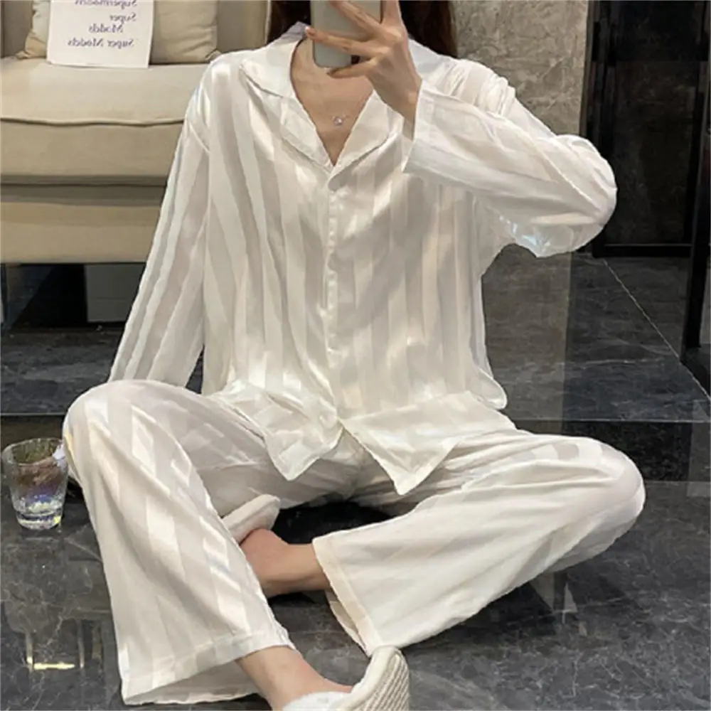Women's Summer Striped Pajama Set Long Sleeve Top Trousers Silk Satin Home Suit Spring Loose Casual Sleepwear Female Nightwear - Image 10