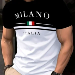 Italia Milano Letter Pattern 3D Prited Men's Tshirts Short Sleeve Casual Tops Mens O-neck T-shirt Boys Loose Streetwear