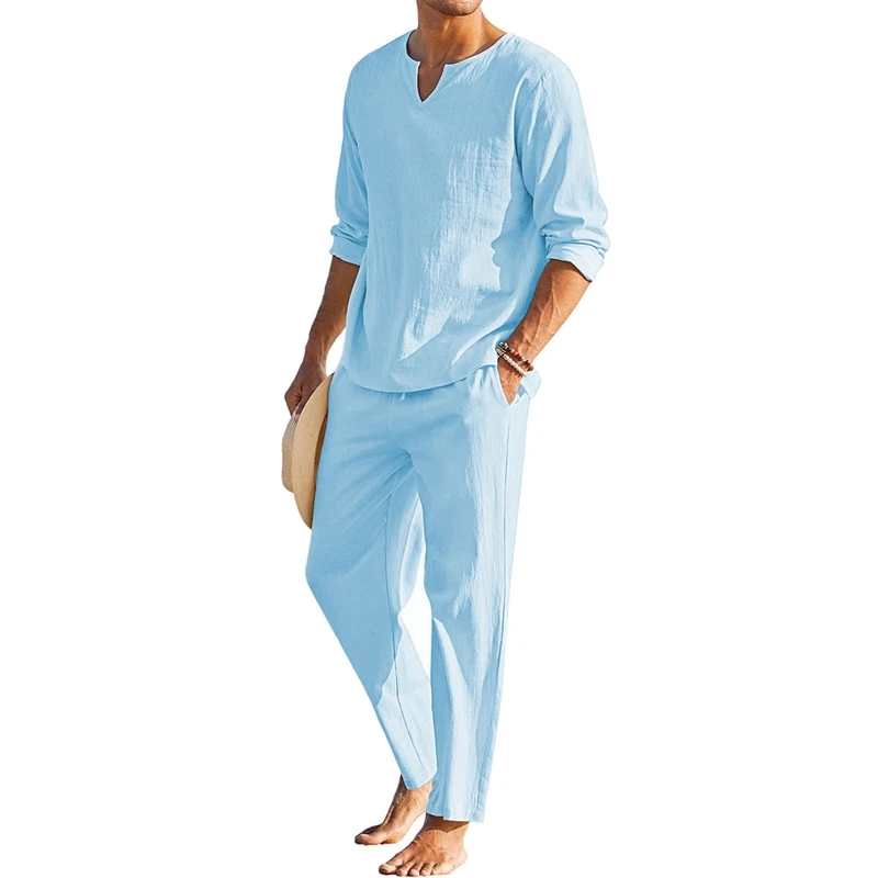 Men s Summer Cotton Linen Clothes Solid Color Long Sleeve Henley Shirt Elastic Waist Drawstring Pants 2 Pieces Loungewear Set - Image 7