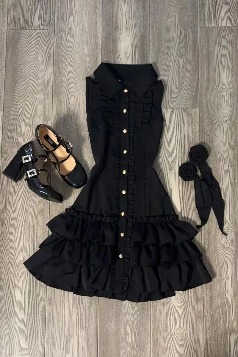 Japanese E-girl Gothic Vintage Dress Women Half High Neck Short Sleeve Bow Lace Mini Dress Cinch Waist Sweet Spicy Black Dress - Image 7