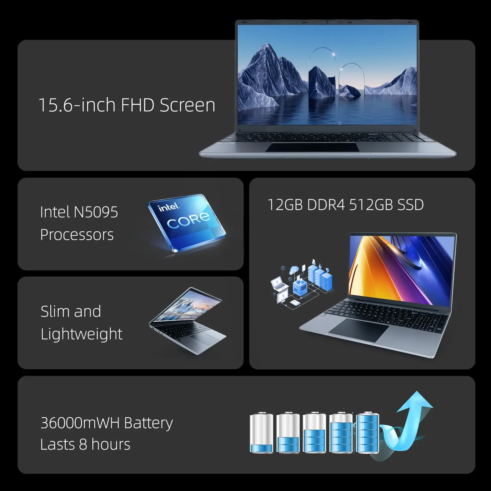 Bestski 15.6 Inch Laptop Intel N5095 Processor 12GB RAM 512GB SSD IPS Display 1080P Windows11 38000mWh Battery Computer Notebook - Image 3
