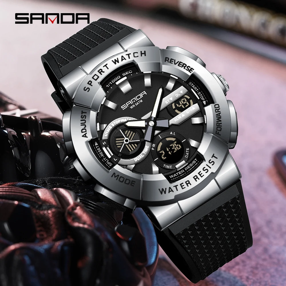 2025 SANDA New 3365 Men's Sports Watch Multifunctional Waterproof Night Light Timer Dual Display Electronic Watch Alarm Clock - Image 4