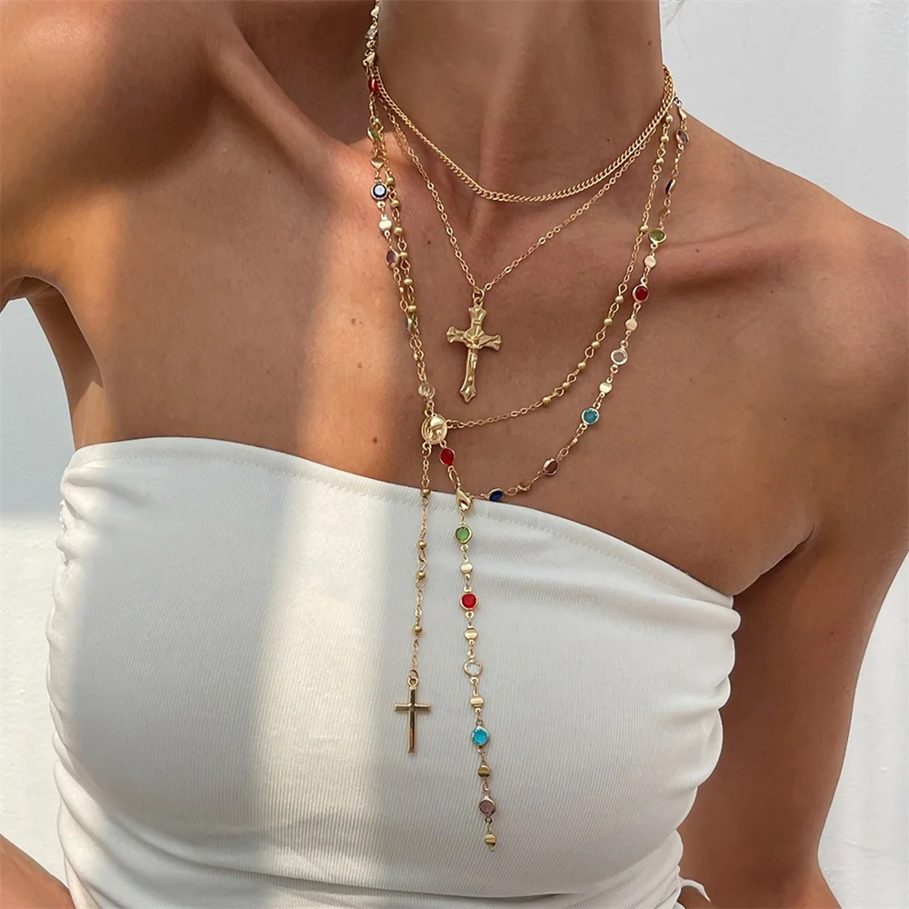 3Pcs Unique Cross Pendant Necklace Set for Women Simple Crystal Necklace Sweater Chain Long Y-shaped Necklace Y2K Party Jewelry - Image 8