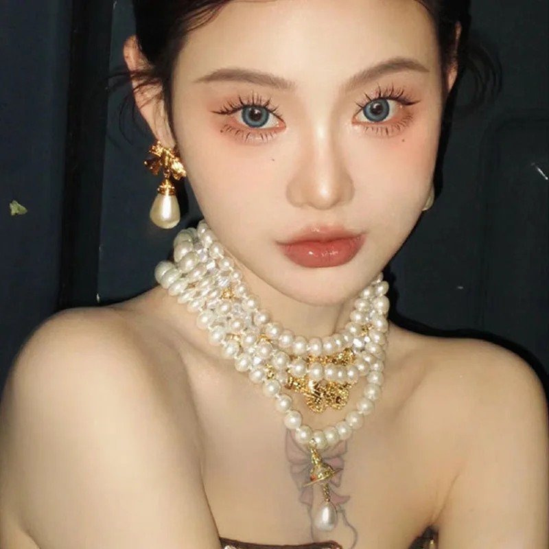 Classic Three Layers Round Pearls Beaded Collar Choker Necklace For Women Girls Irregular Water Drop Pearl Pendant Necklace Gift - Image 4