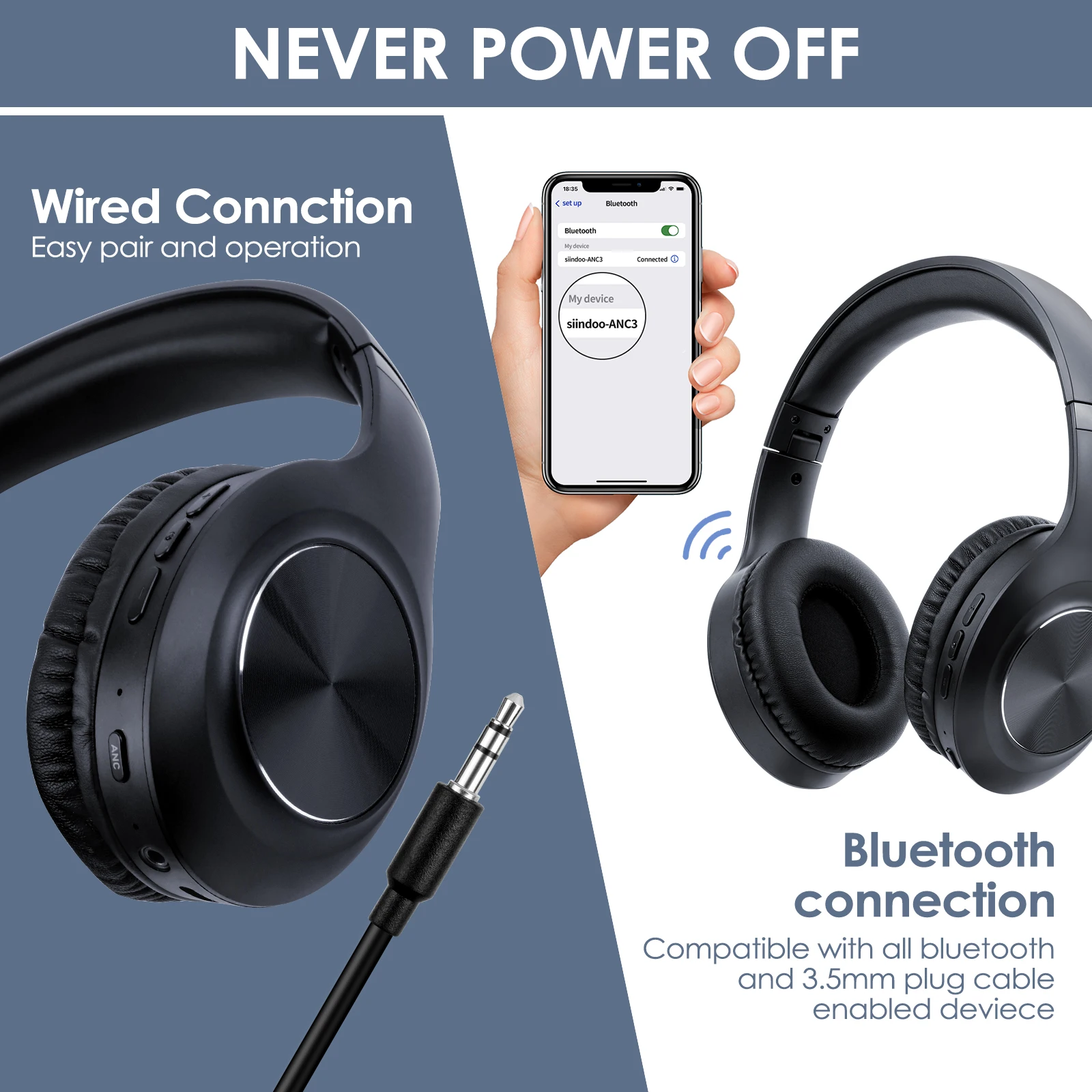 Siindoo JH-ANC923 Active Noise Cancelling Wireless Headset Foldable Over-Ear Bluetooth Headphones With Mic HiFi Stereo Deep Bass - Image 4
