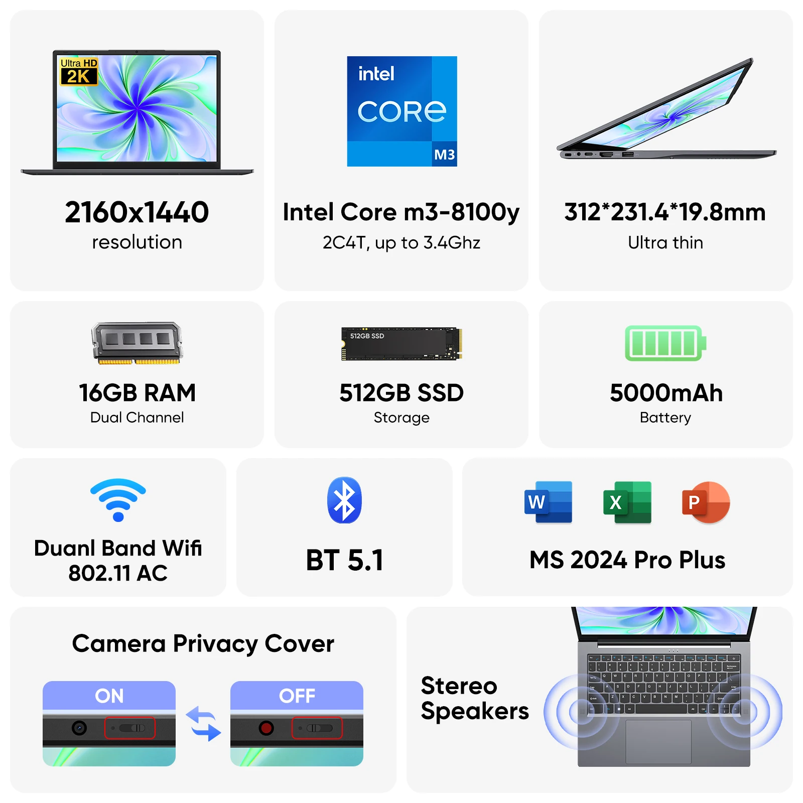 Windows 11 Pro Laptop with 14.1" 2K Screen, 16GB RAM, 512GB SSD, Intel Core Processor, Ultra-Thin and Light Notebook - Image 2
