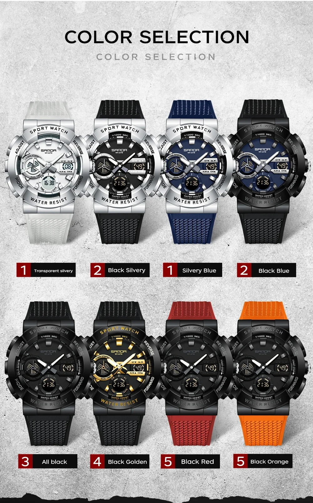 2025 SANDA New 3365 Men's Sports Watch Multifunctional Waterproof Night Light Timer Dual Display Electronic Watch Alarm Clock - Image 6
