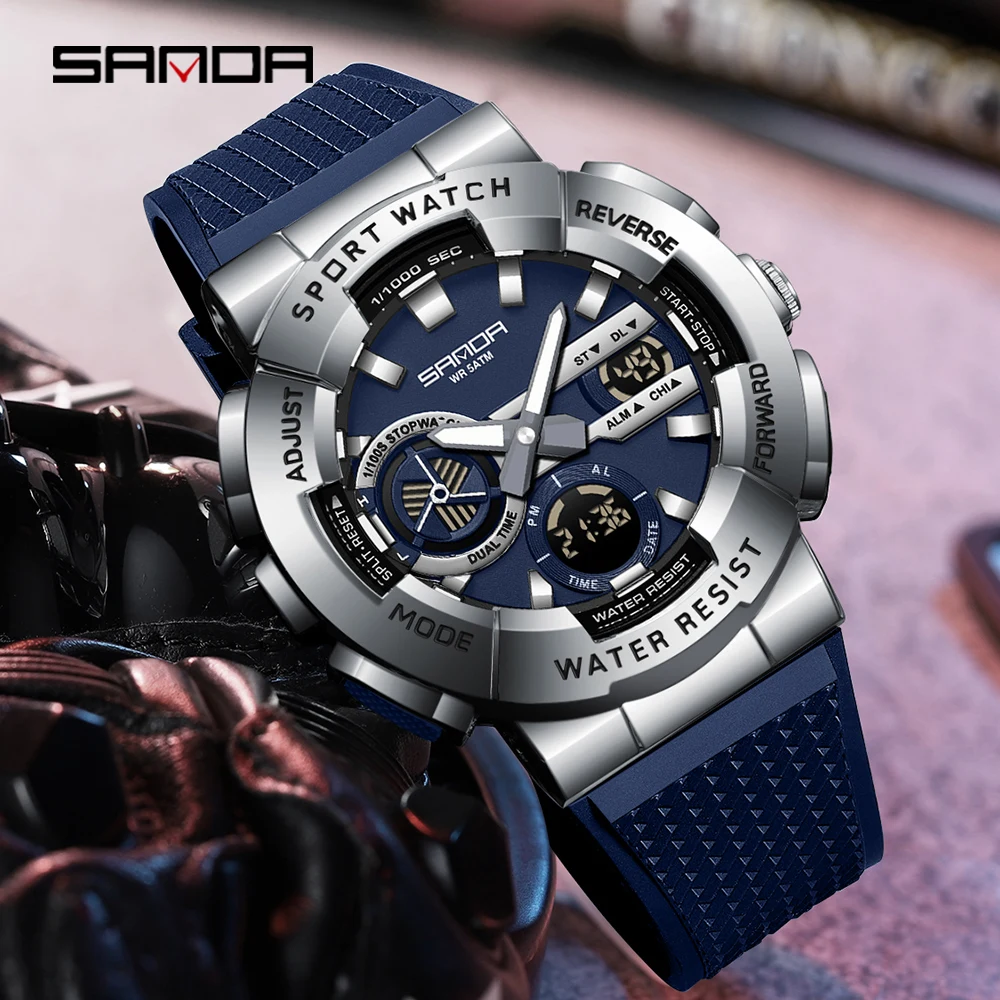 2025 SANDA New 3365 Men's Sports Watch Multifunctional Waterproof Night Light Timer Dual Display Electronic Watch Alarm Clock
