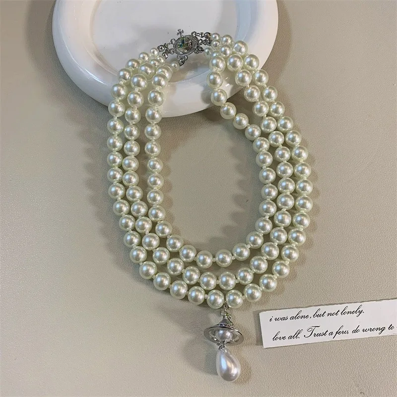Classic Three Layers Round Pearls Beaded Collar Choker Necklace For Women Girls Irregular Water Drop Pearl Pendant Necklace Gift - Image 8