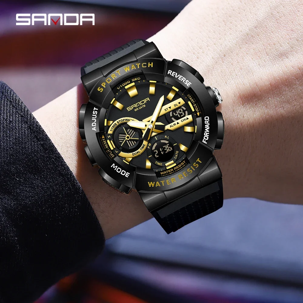 2025 SANDA New 3365 Men's Sports Watch Multifunctional Waterproof Night Light Timer Dual Display Electronic Watch Alarm Clock - Image 2