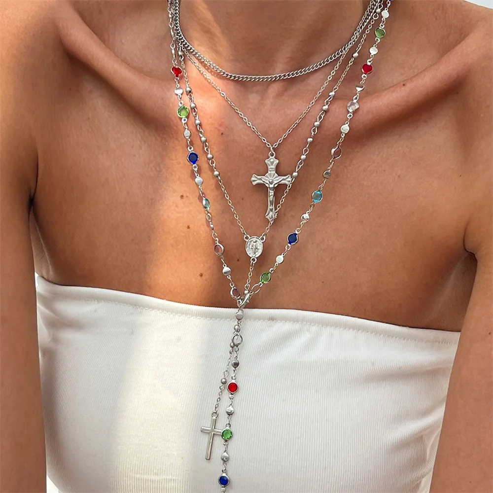 3Pcs Unique Cross Pendant Necklace Set for Women Simple Crystal Necklace Sweater Chain Long Y-shaped Necklace Y2K Party Jewelry - Image 2