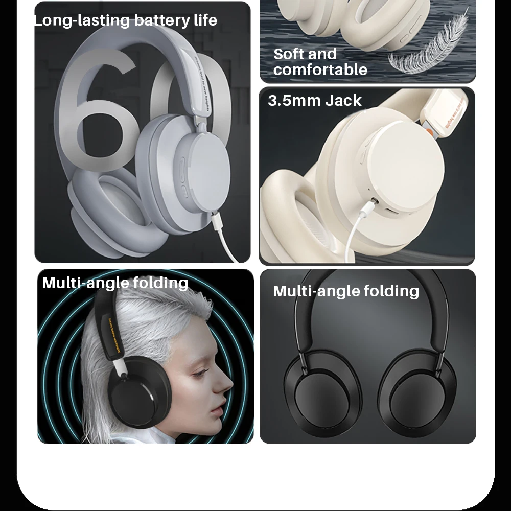 ANC Noise Cancelling Headphones Bluetooth 5.4 Earphone HIFI Stereo Headset 40mm Driver portable Over Ear Headphone 60H Time - Image 2
