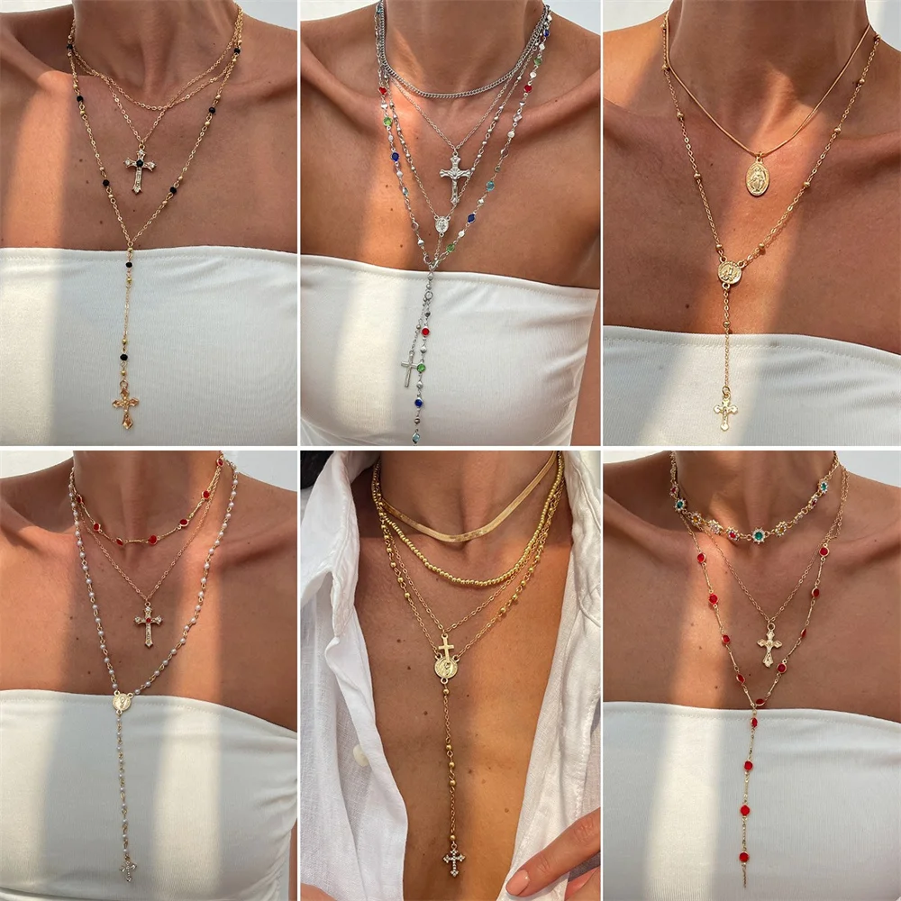 3Pcs Unique Cross Pendant Necklace Set for Women Simple Crystal Necklace Sweater Chain Long Y-shaped Necklace Y2K Party Jewelry - Image 6
