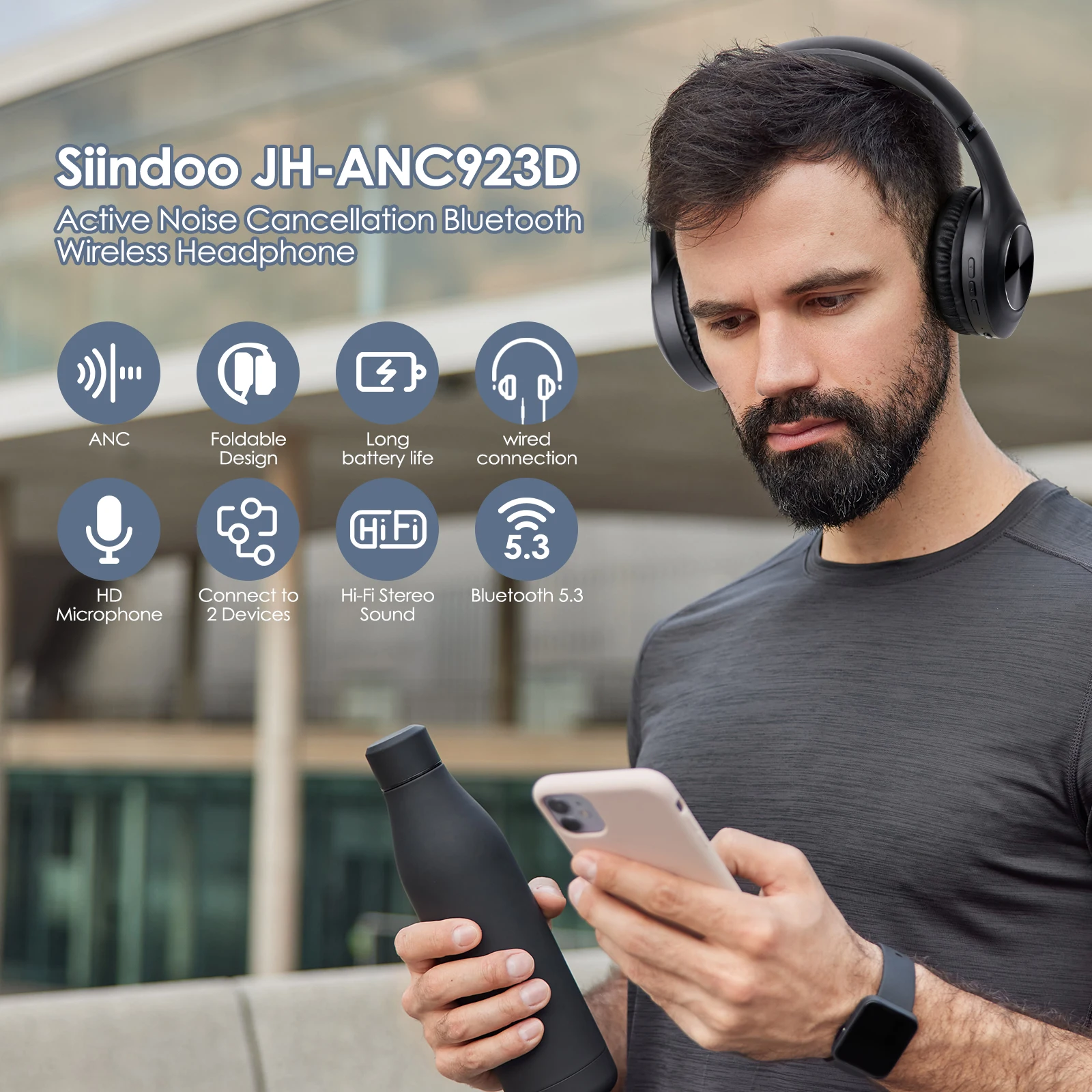 Siindoo JH-ANC923 Active Noise Cancelling Wireless Headset Foldable Over-Ear Bluetooth Headphones With Mic HiFi Stereo Deep Bass - Image 2