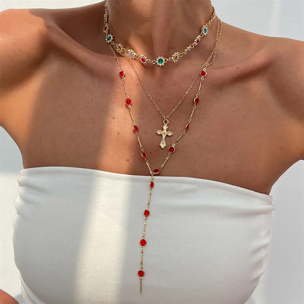 3Pcs Unique Cross Pendant Necklace Set for Women Simple Crystal Necklace Sweater Chain Long Y-shaped Necklace Y2K Party Jewelry - Image 5