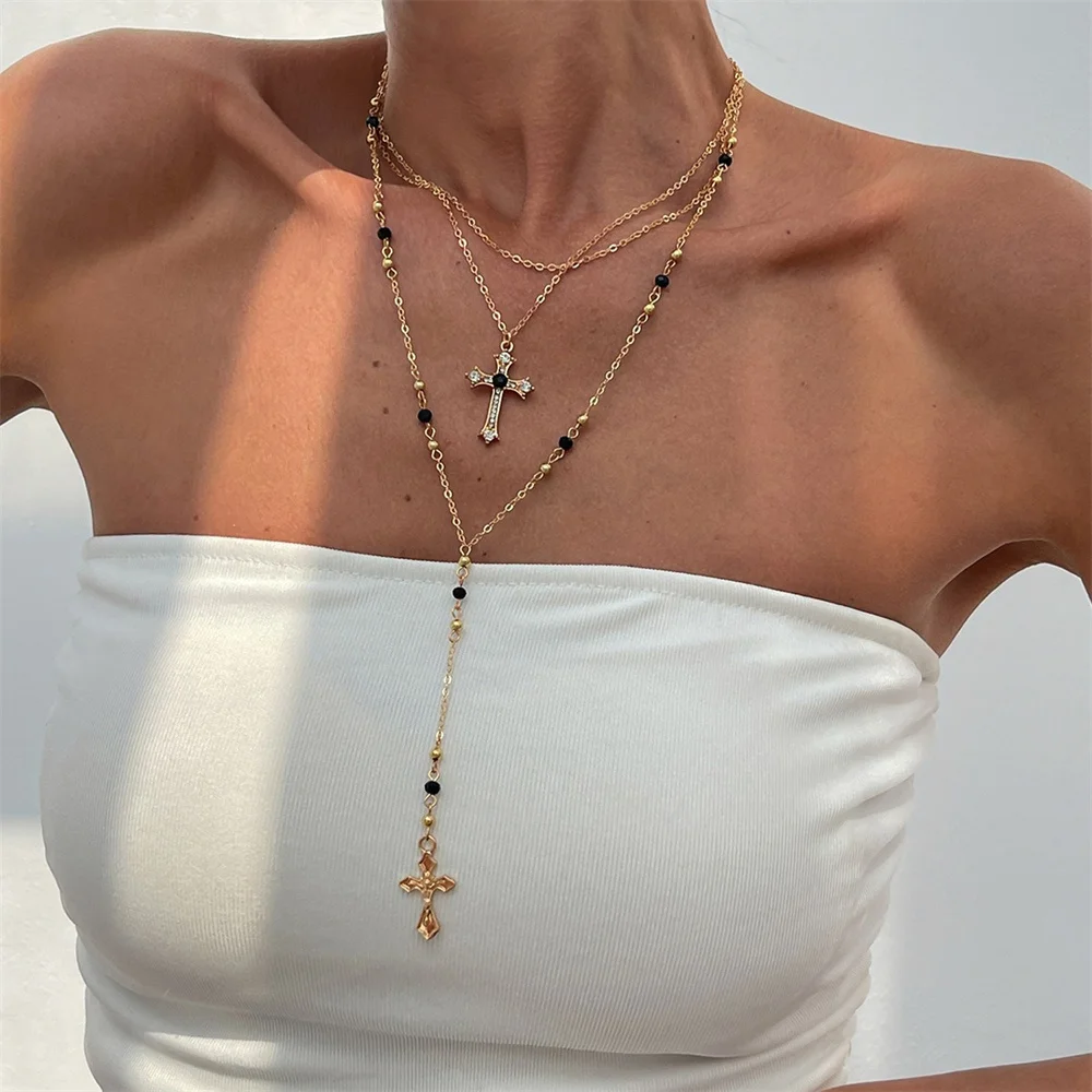 3Pcs Unique Cross Pendant Necklace Set for Women Simple Crystal Necklace Sweater Chain Long Y-shaped Necklace Y2K Party Jewelry - Image 4