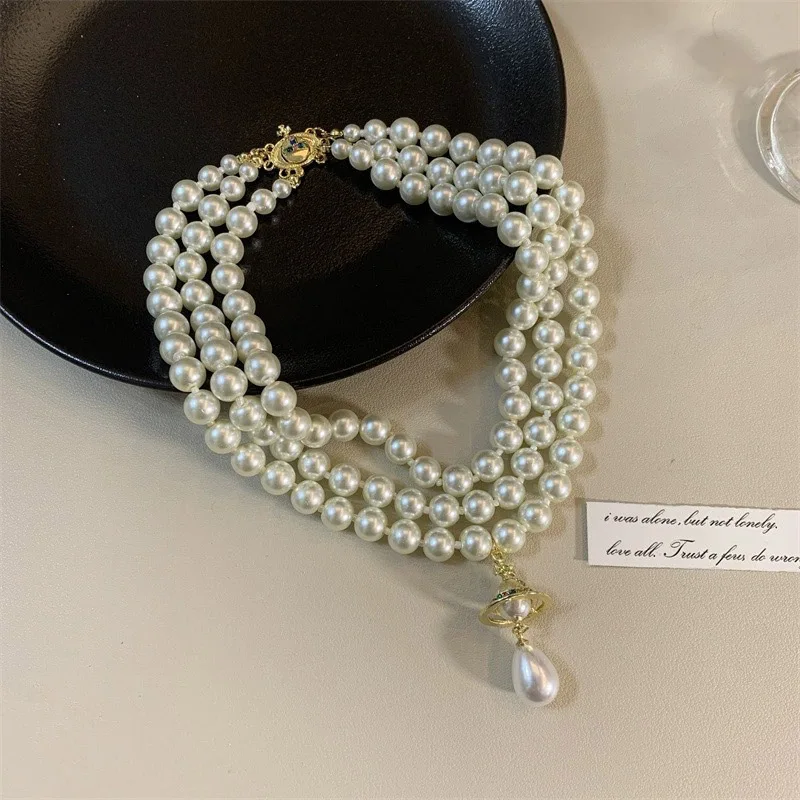 Classic Three Layers Round Pearls Beaded Collar Choker Necklace For Women Girls Irregular Water Drop Pearl Pendant Necklace Gift - Image 7