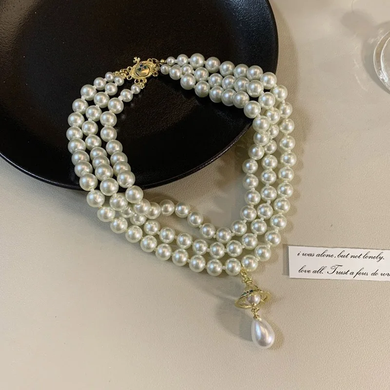Classic Three Layers Round Pearls Beaded Collar Choker Necklace For Women Girls Irregular Water Drop Pearl Pendant Necklace Gift - Image 6