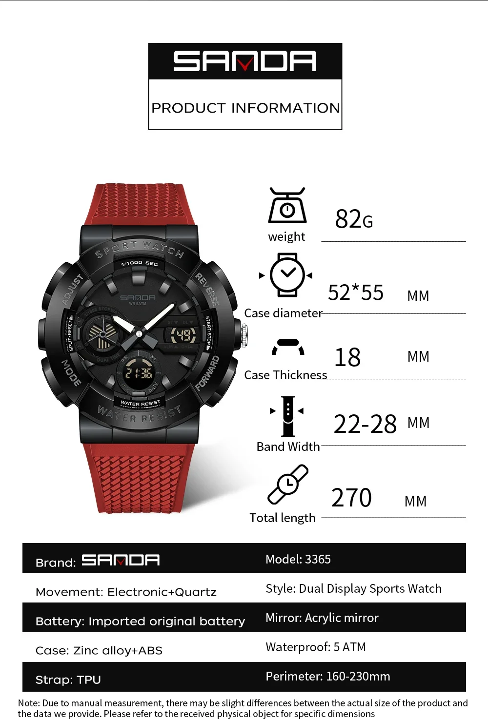 2025 SANDA New 3365 Men's Sports Watch Multifunctional Waterproof Night Light Timer Dual Display Electronic Watch Alarm Clock - Image 3