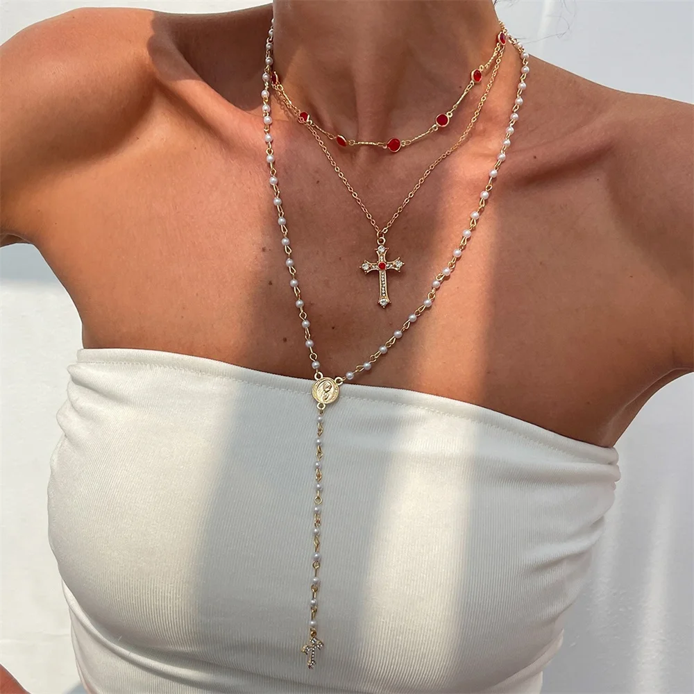 3Pcs Unique Cross Pendant Necklace Set for Women Simple Crystal Necklace Sweater Chain Long Y-shaped Necklace Y2K Party Jewelry - Image 7