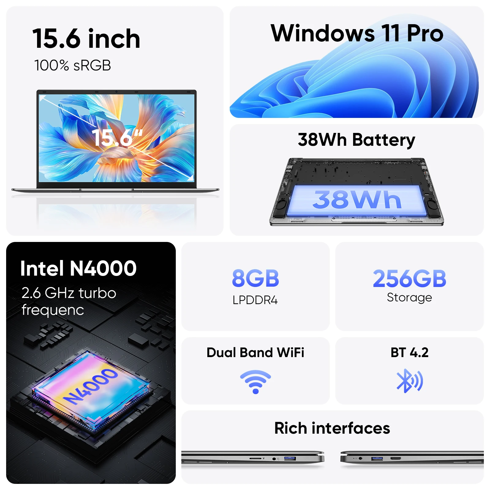 15.6 "Thin & Portable Laptop Computer Intel Celeron N4000 8GB RAM 256GB SSD FHD 1920x1080 16:9 Display For Work And Study - Image 2