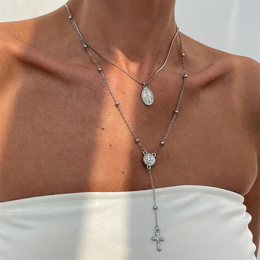 3Pcs Unique Cross Pendant Necklace Set for Women Simple Crystal Necklace Sweater Chain Long Y-shaped Necklace Y2K Party Jewelry - Image 12